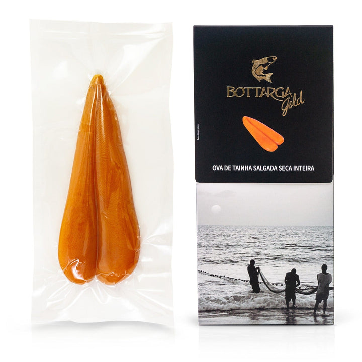 image of bottarga in clear vacuum seal plastic pack and its box besides it