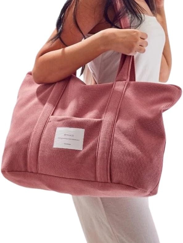 Magalis Corduroy Beach Tote Bag – Flamingo Pink | Soft Corduroy, Large Tote with Pocket, Durable Shoulder Bag