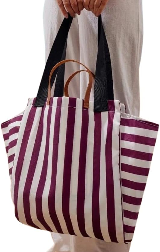 Magalis Sorali Tote Bag – Maroon Stripes | Sophisticated Striped Fabric Tote, Dual Handles, Large Capacity