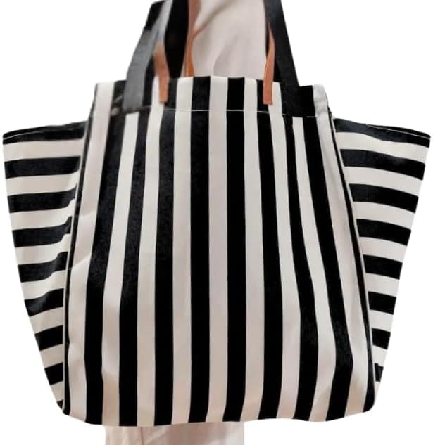 Magalis Sorali Tote Bag – Black Stripes | Elegant Striped Beach Tote, Dual Handles, Spacious Canvas Design