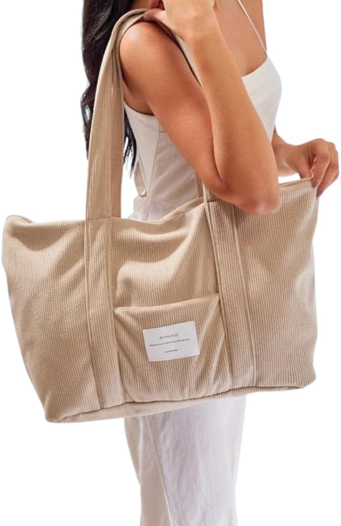 Magalis Corduroy Beach Tote Bag – Beige | Soft Corduroy Fabric, Large Capacity, Outer Pocket, Durable Shoulder Bag for Women & Men