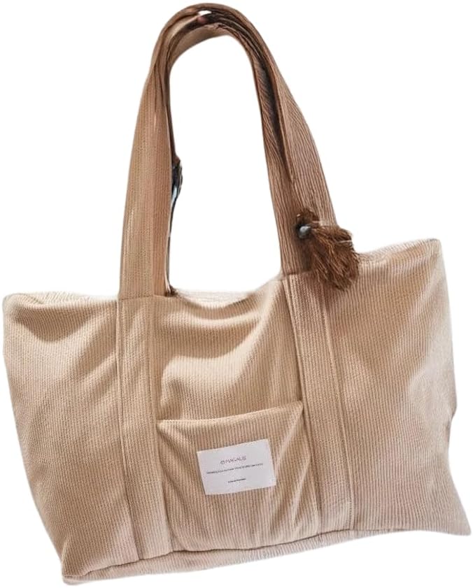 Magalis Corduroy Beach Tote Bag – Beige | Soft Corduroy Fabric, Large Capacity, Outer Pocket, Durable Shoulder Bag for Women & Men