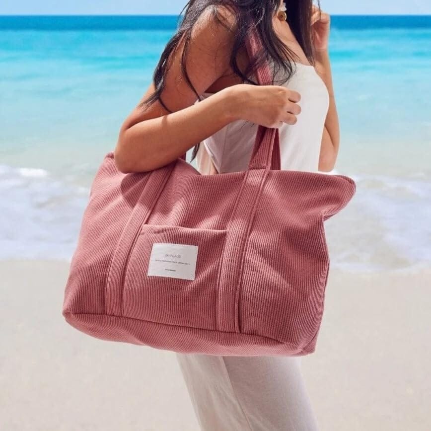 Magalis Corduroy Beach Tote Bag – Flamingo Pink | Soft Corduroy, Large Tote with Pocket, Durable Shoulder Bag