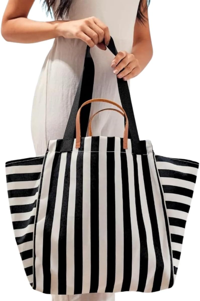 Magalis Sorali Tote Bag – Black Stripes | Elegant Striped Beach Tote, Dual Handles, Spacious Canvas Design