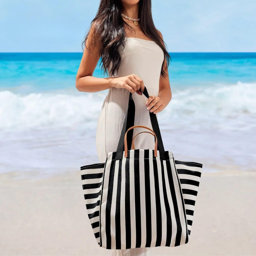 Magalis Sorali Tote Bag – Black Stripes | Elegant Striped Beach Tote, Dual Handles, Spacious Canvas Design