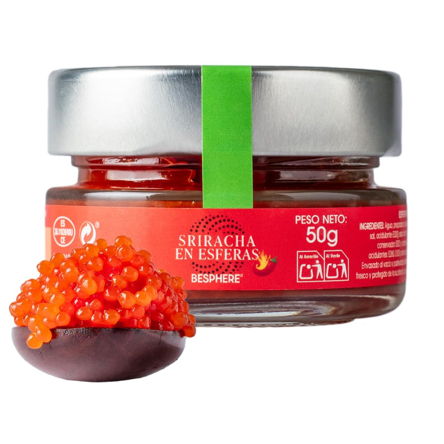 BESPHERE Sriracha Hot Sauce Pearls – Spicy & Flavorful Spheres – Ideal for Sushi, Woks, Pasta & Grilled Meats – Heat-Resistant – Gluten-Free – 50g
