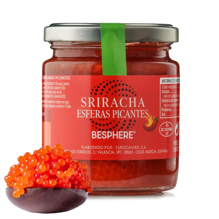 BESPHERE Sriracha Hot Sauce Pearls – Spicy & Flavorful Spheres – Ideal for Sushi, Woks, Pasta & Grilled Meats – Heat-Resistant – Gluten-Free – 50g