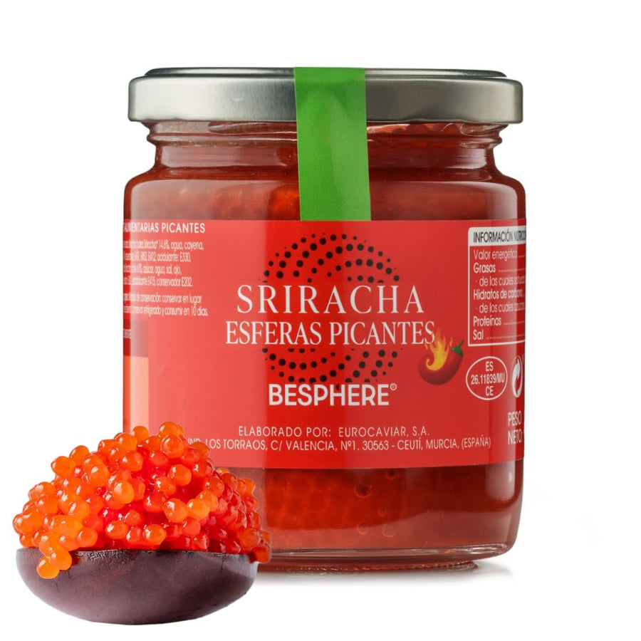 BESPHERE Sriracha Hot Sauce Pearls – Spicy & Flavorful Spheres – Ideal for Sushi, Woks, Pasta & Grilled Meats – Heat-Resistant – Gluten-Free – 50g
